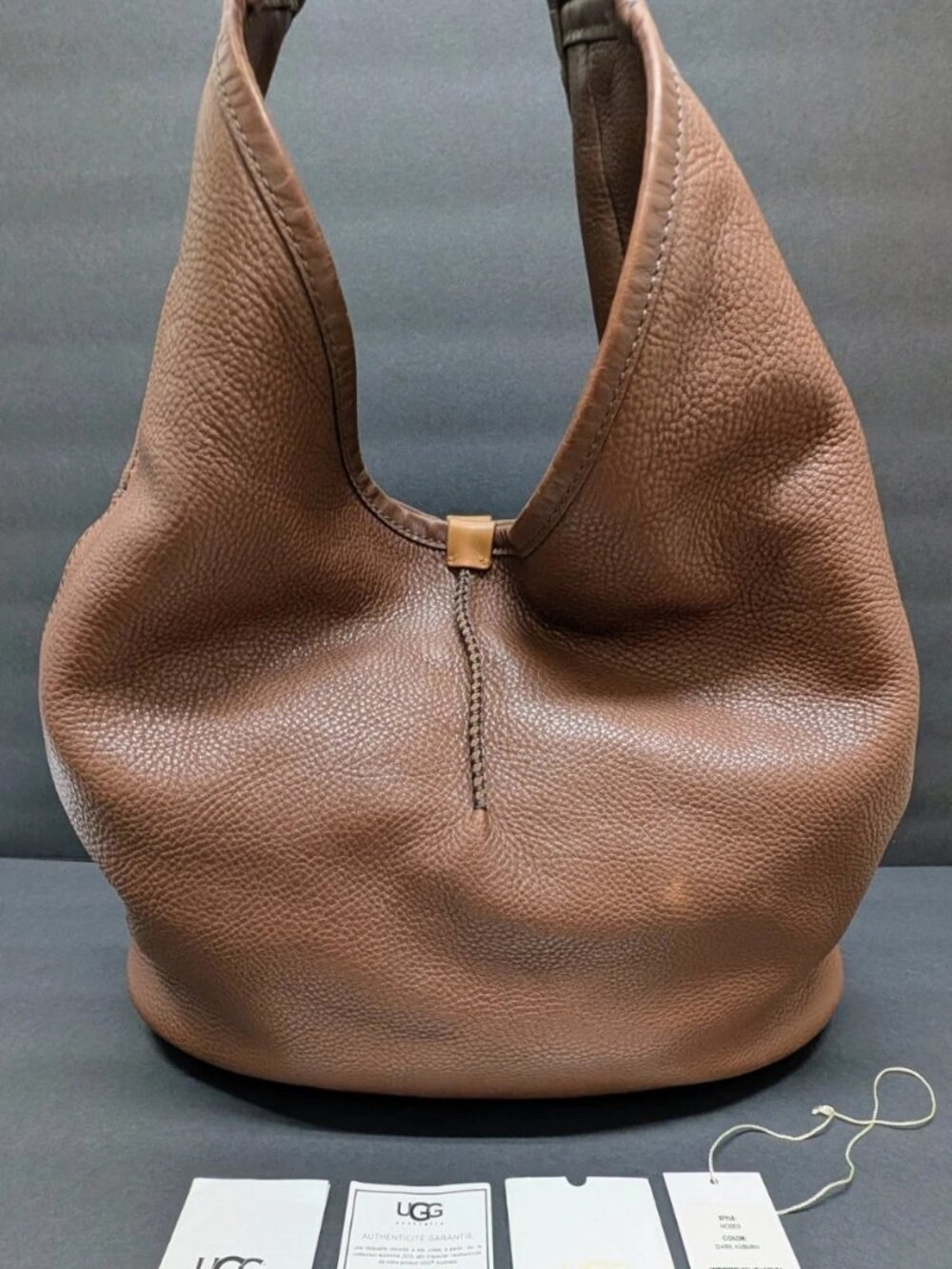 UGG Brown Leather Hobo Tote Shoulder Bag Gold Hardware Auburn Pebble Soft